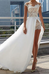 Cheap Off the Shoulder See Through Wedding Dresses Side Slit A-line Bridal Dresses